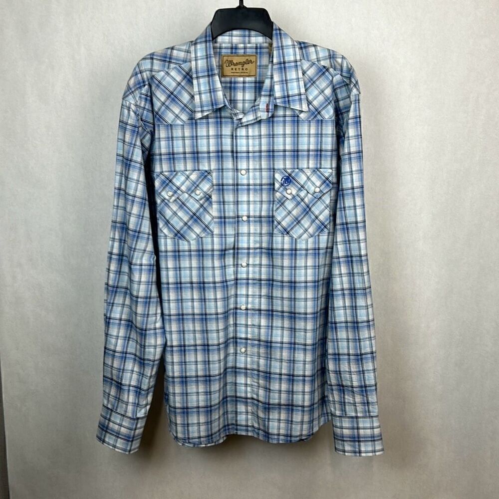Wrangler Retro Snap Button Front Shirt Mens Sz XL Western White Blue Plaid